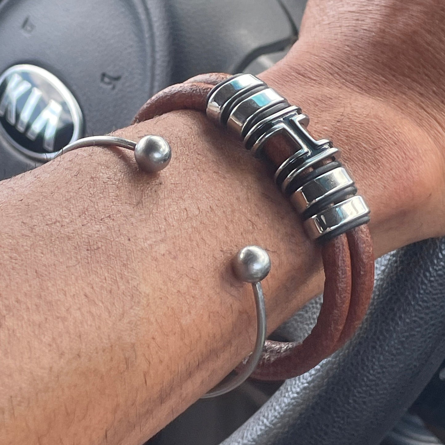 Silver and brown bracelet for men
