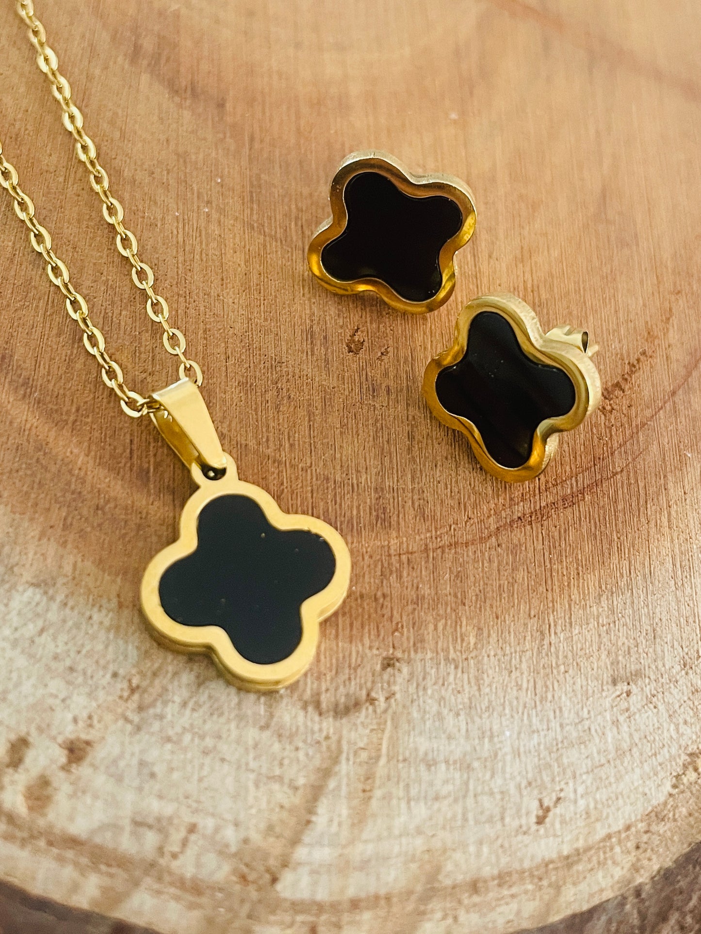 Black flower earrings and necklace bundle