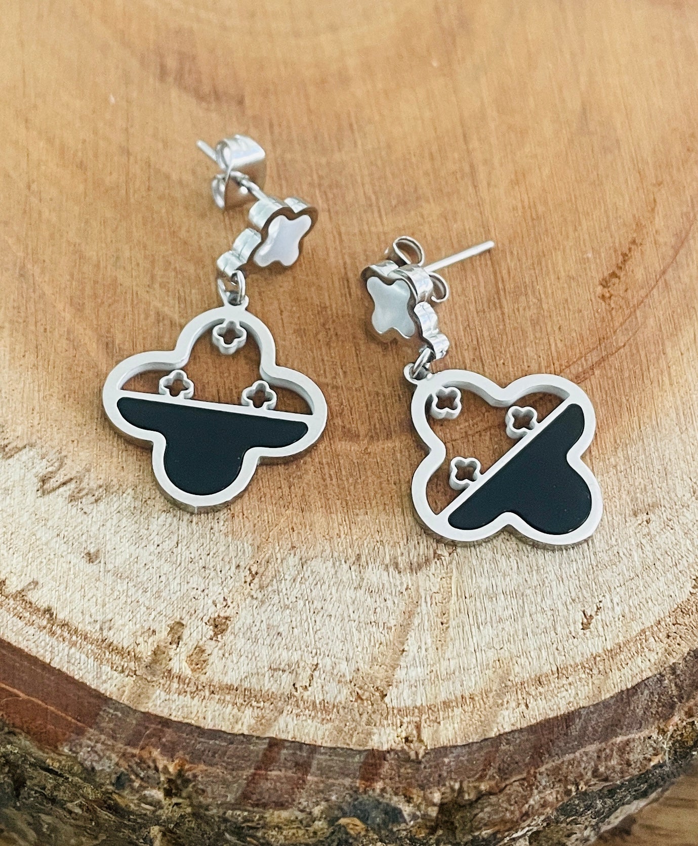 black and silver flower earrings