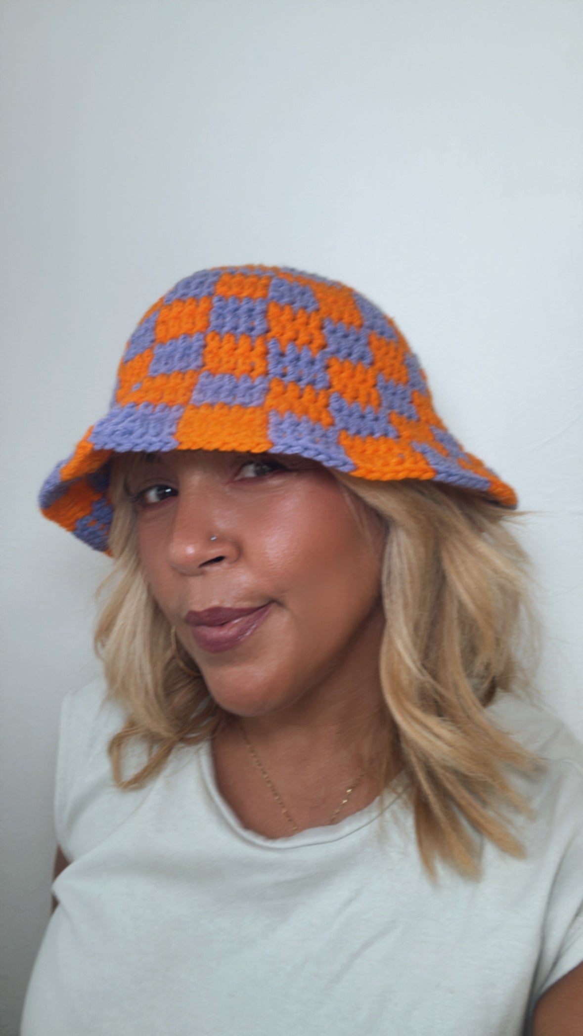 Lilac and orange checker Bucket hat