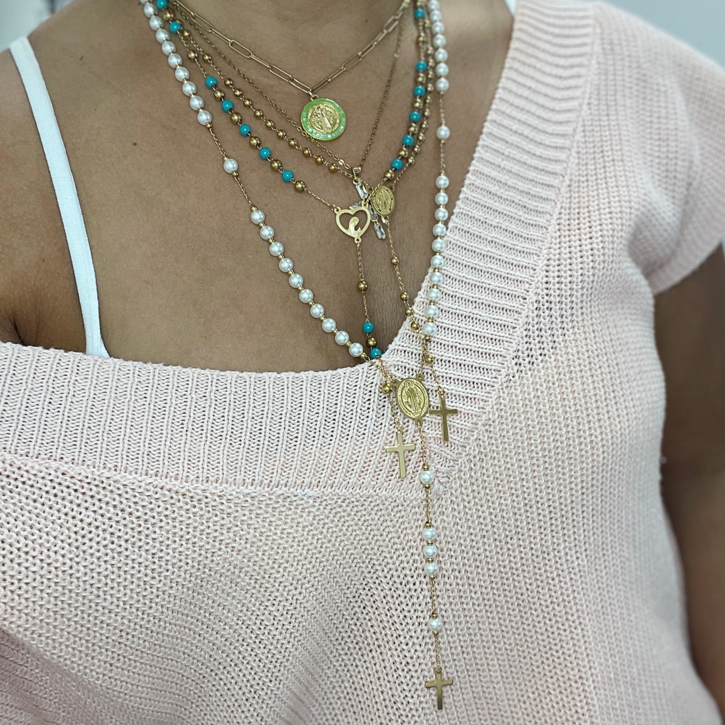 White and gold stainless steel rosary