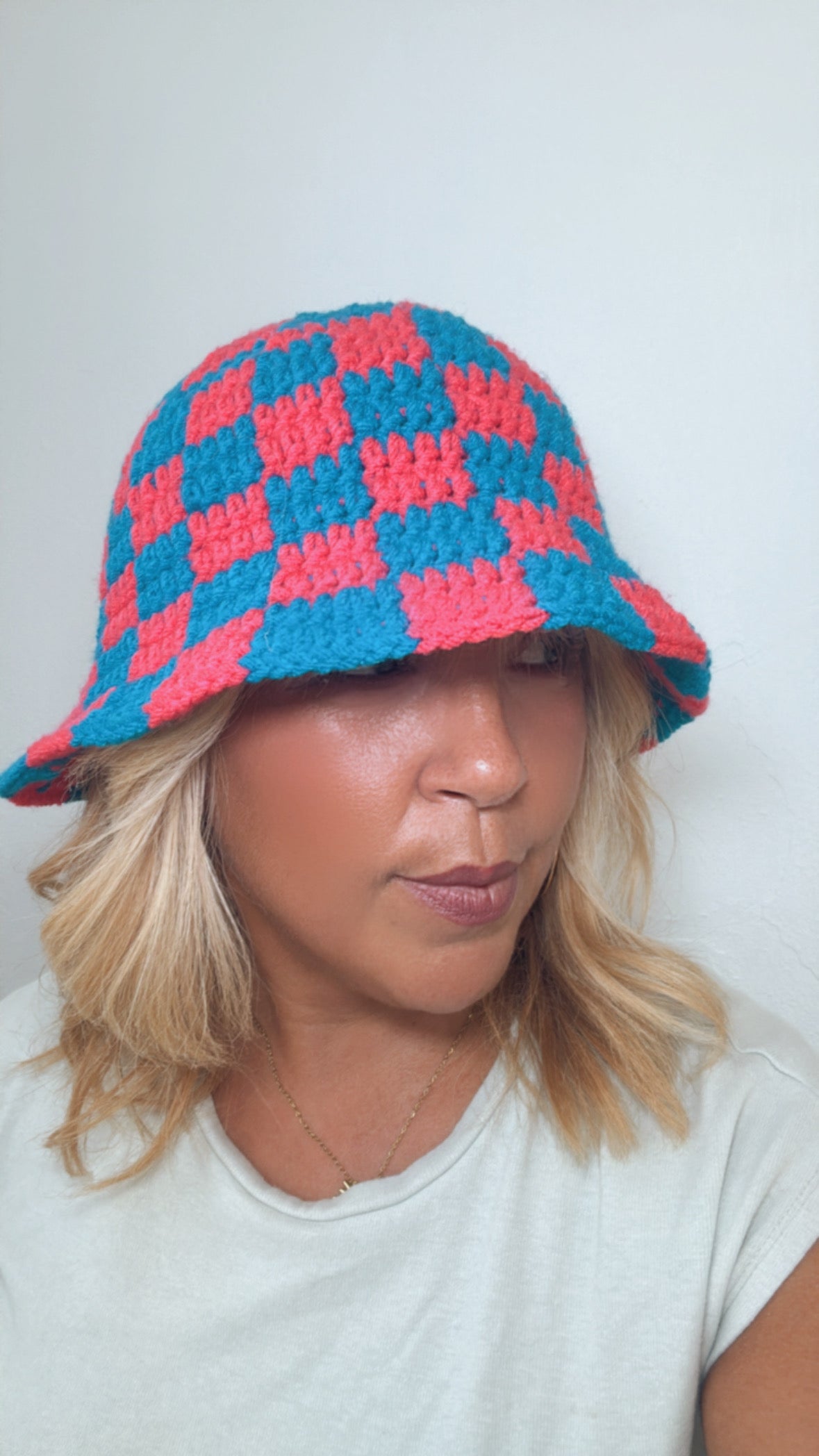 Blue and pink checker Bucket hat