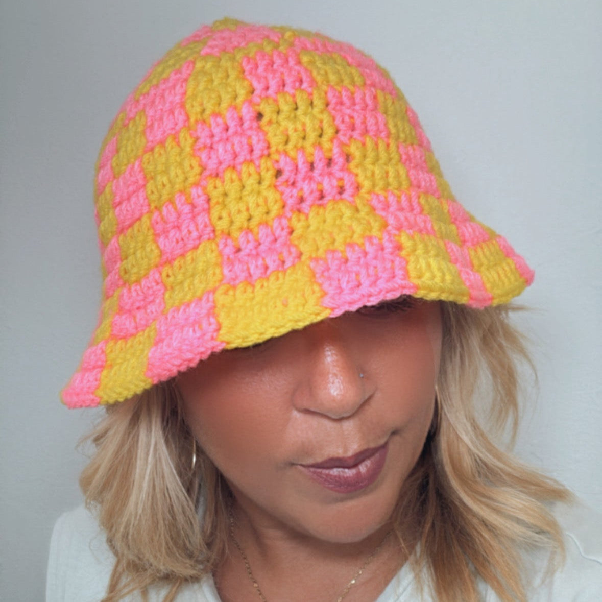 Yellow and pink checker Bucket hat