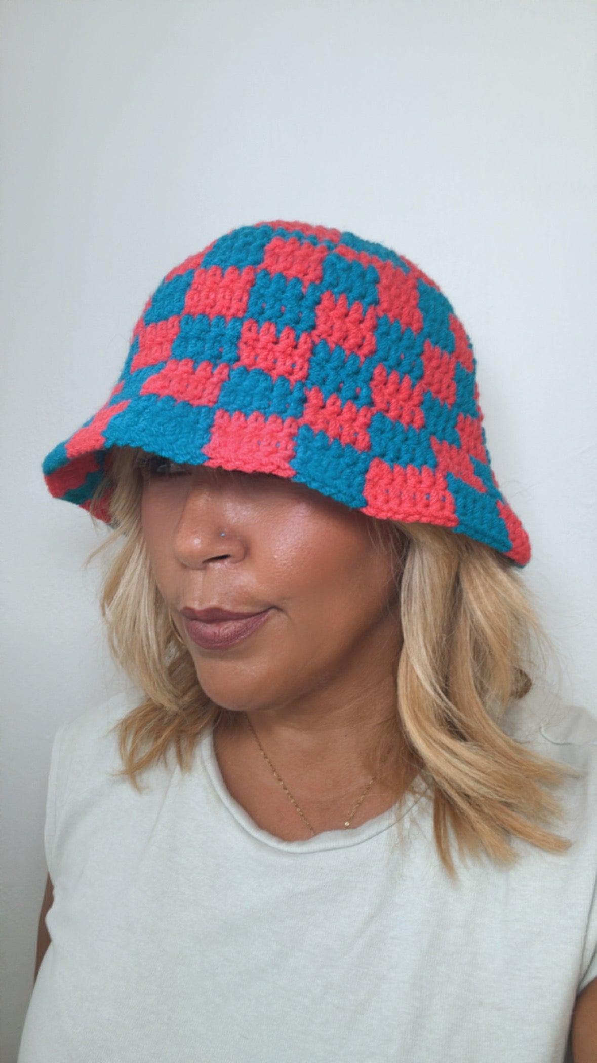 Blue and pink checker Bucket hat