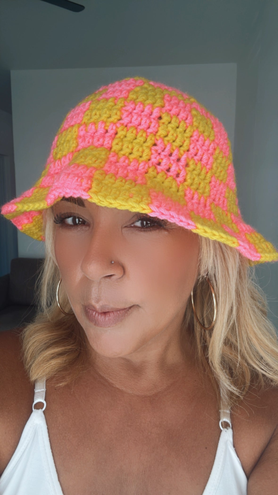 Yellow and pink checker Bucket hat