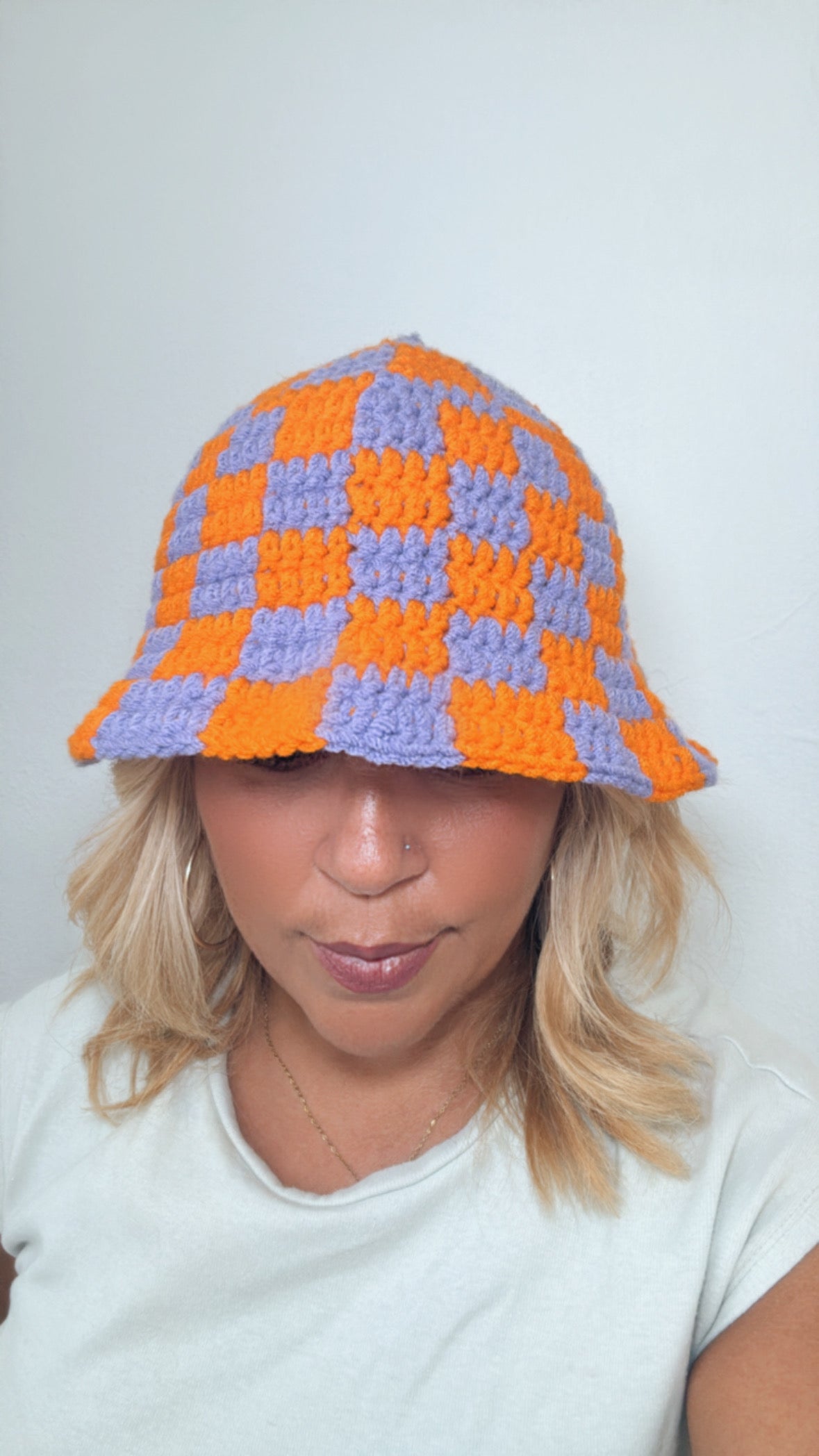 Lilac and orange checker Bucket hat