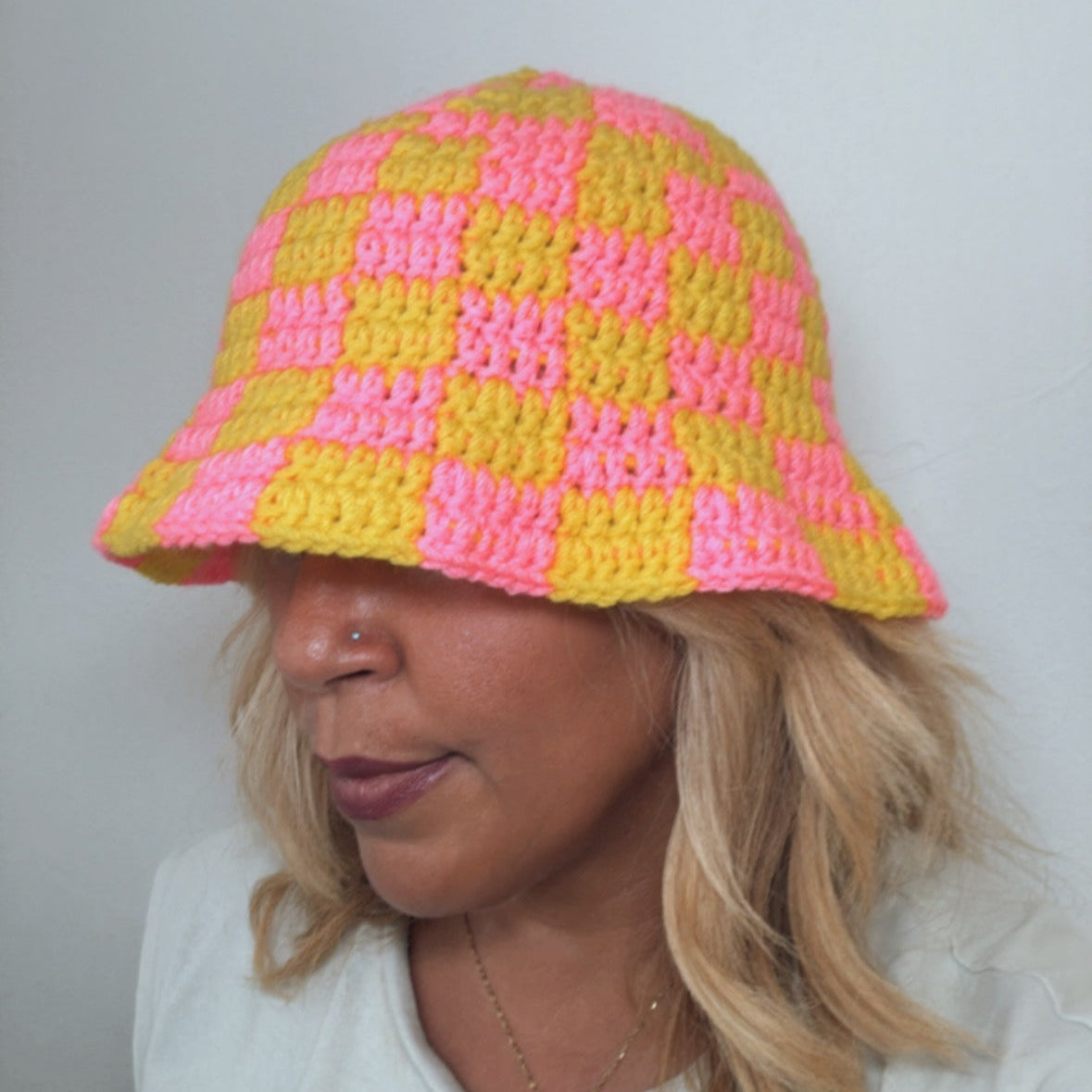 Yellow and pink checker Bucket hat