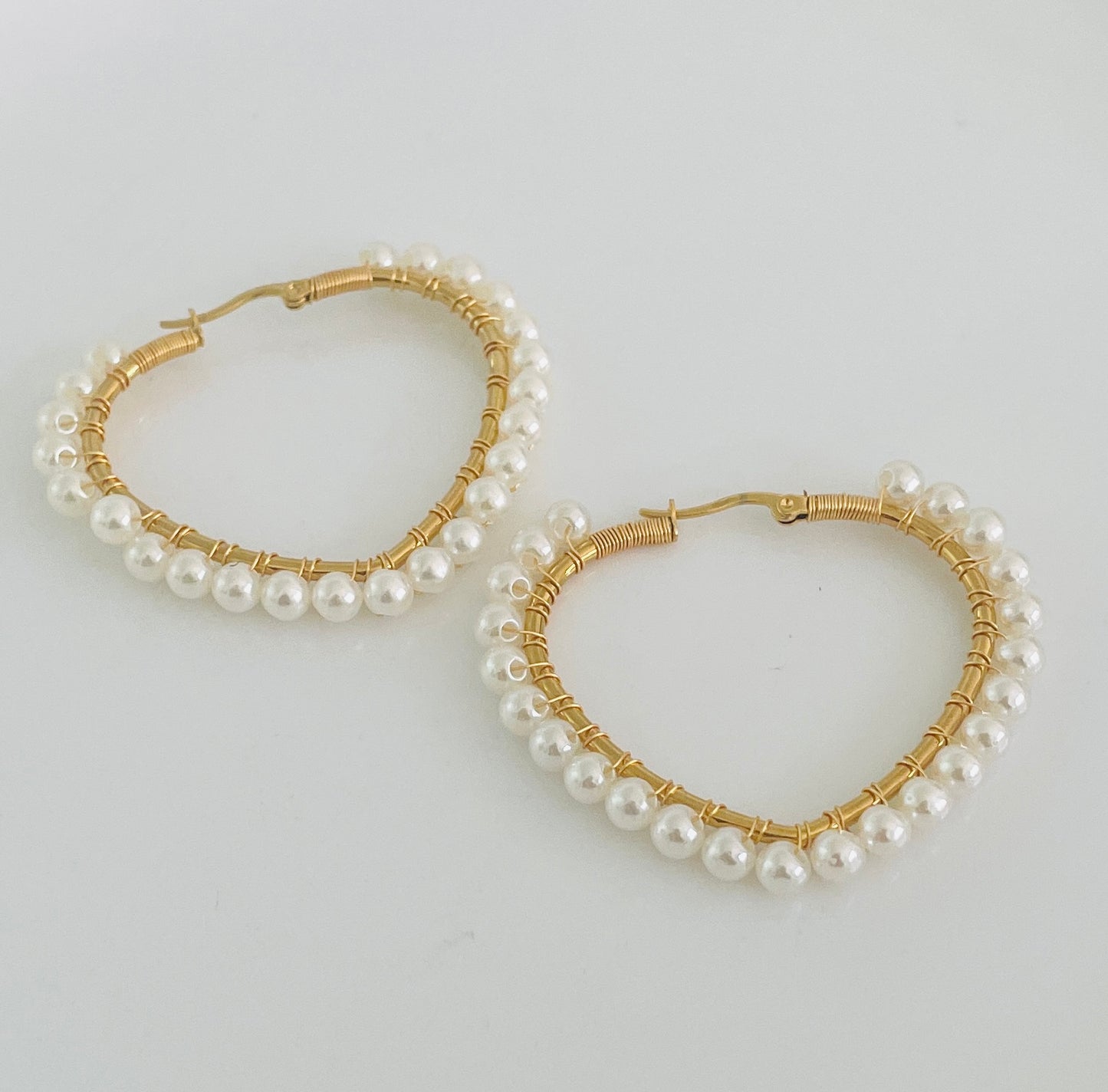 Gold pearl heart hoops