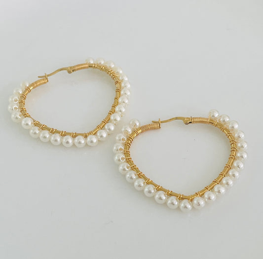 Gold pearl heart hoops
