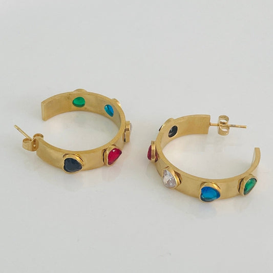 Golden multi stone heart earrings