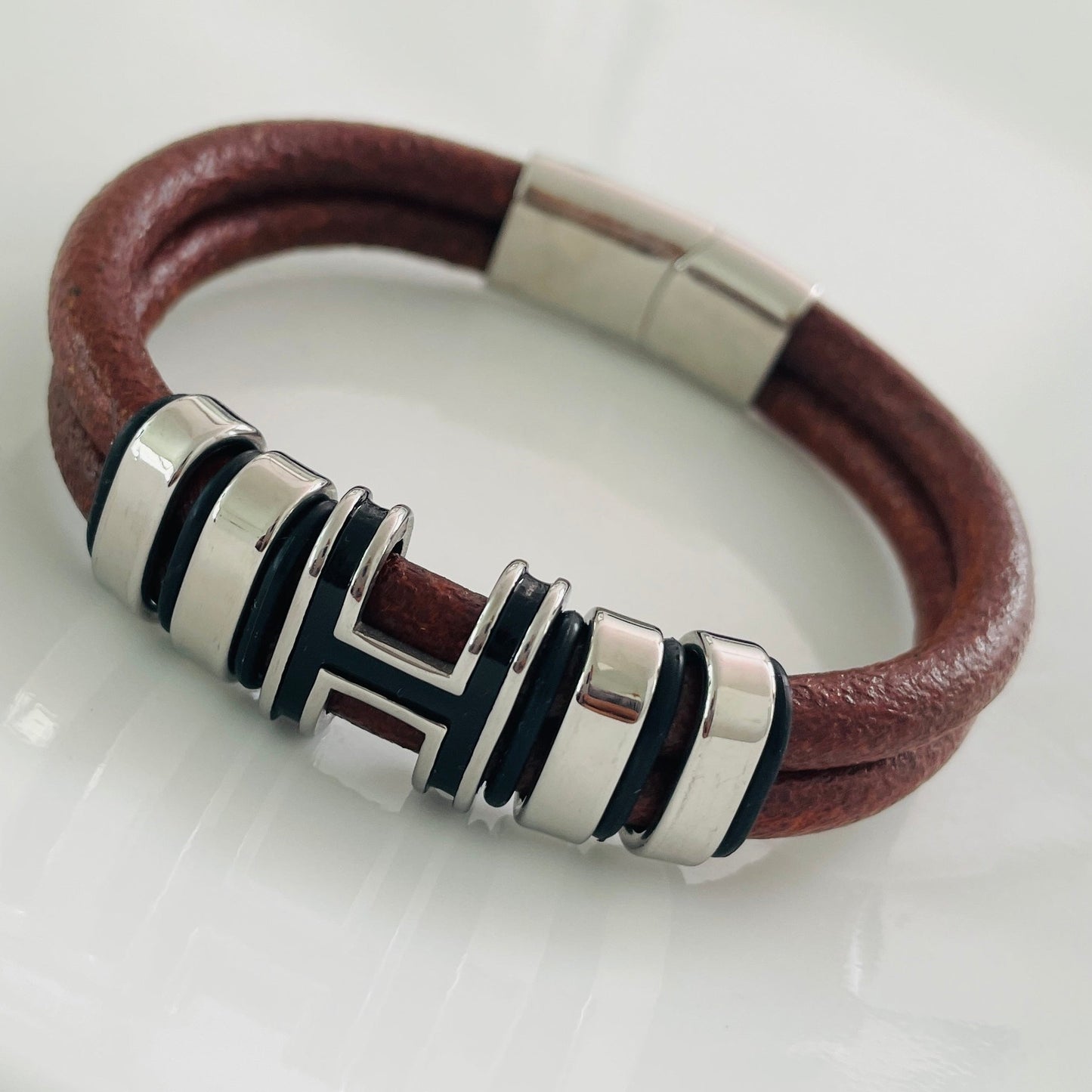 Silver and brown bracelet for men