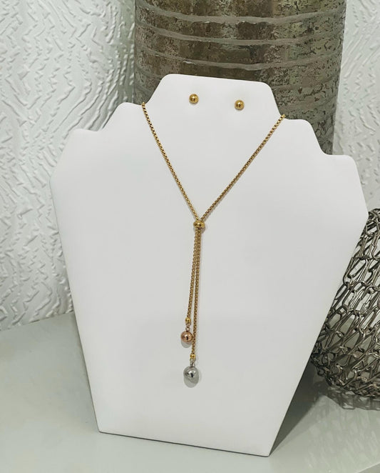 Long sleek gold necklace and earrings set