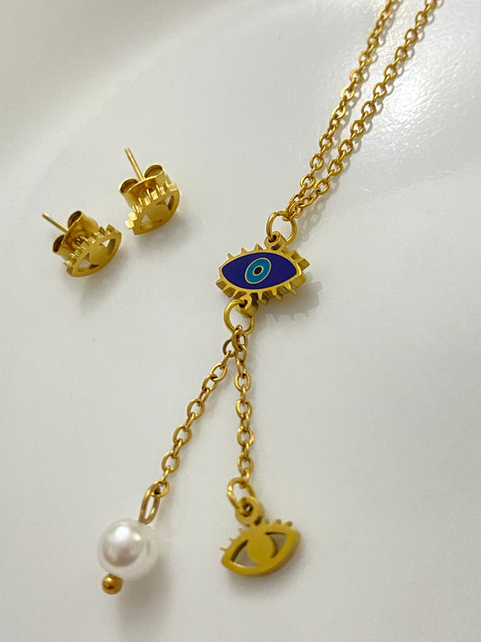 Evil eye necklace with earrings studs