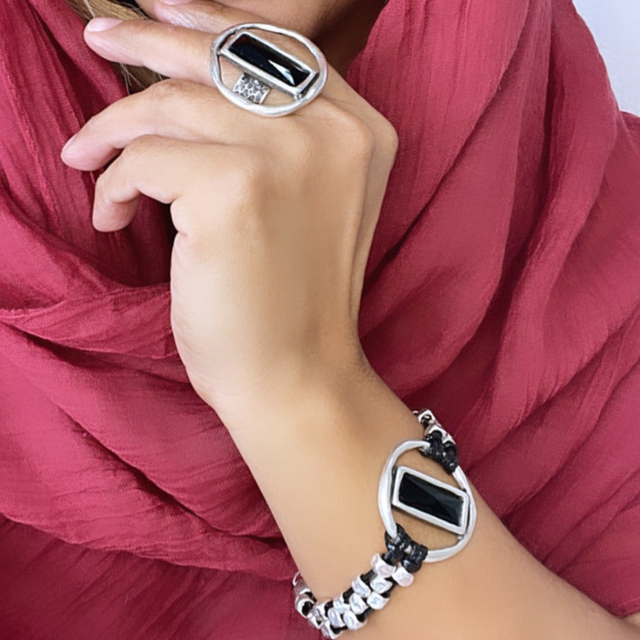 CA Black and Silver Ring and Bracelet Set