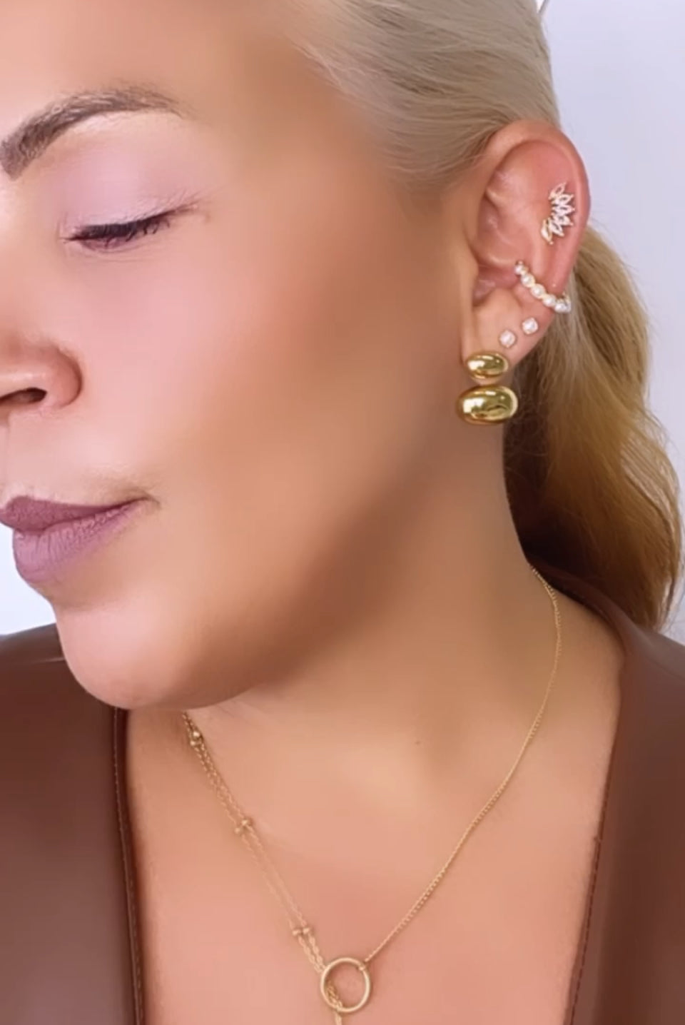 Gold front and back earrings