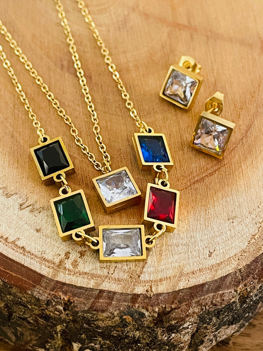Rainbow squares gold necklace and earrings