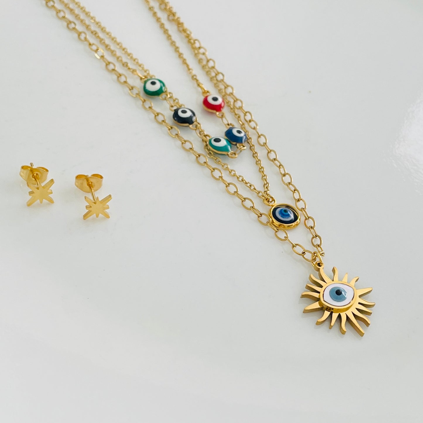 Triple evil eye layered necklace set