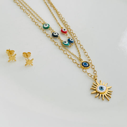 Triple evil eye layered necklace set