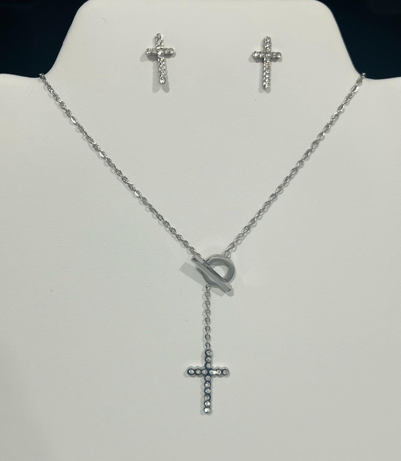 Cross silver earrings and necklace set