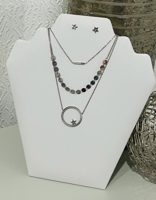 Silver star earrings and layered necklace set