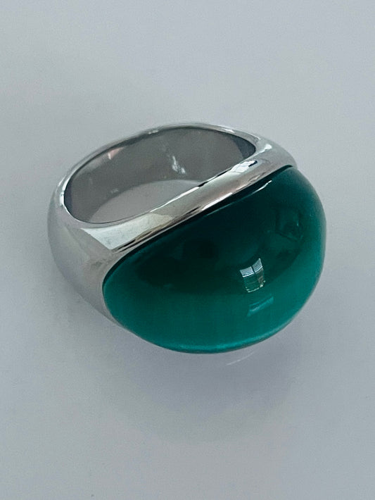 Green cat eye silver ring